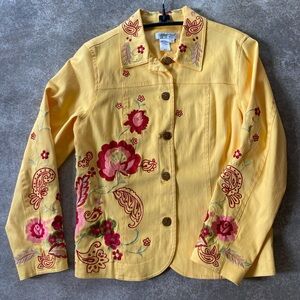 Coldwater Creek Mustard Shirt Jacket with Red Floral Embroidery